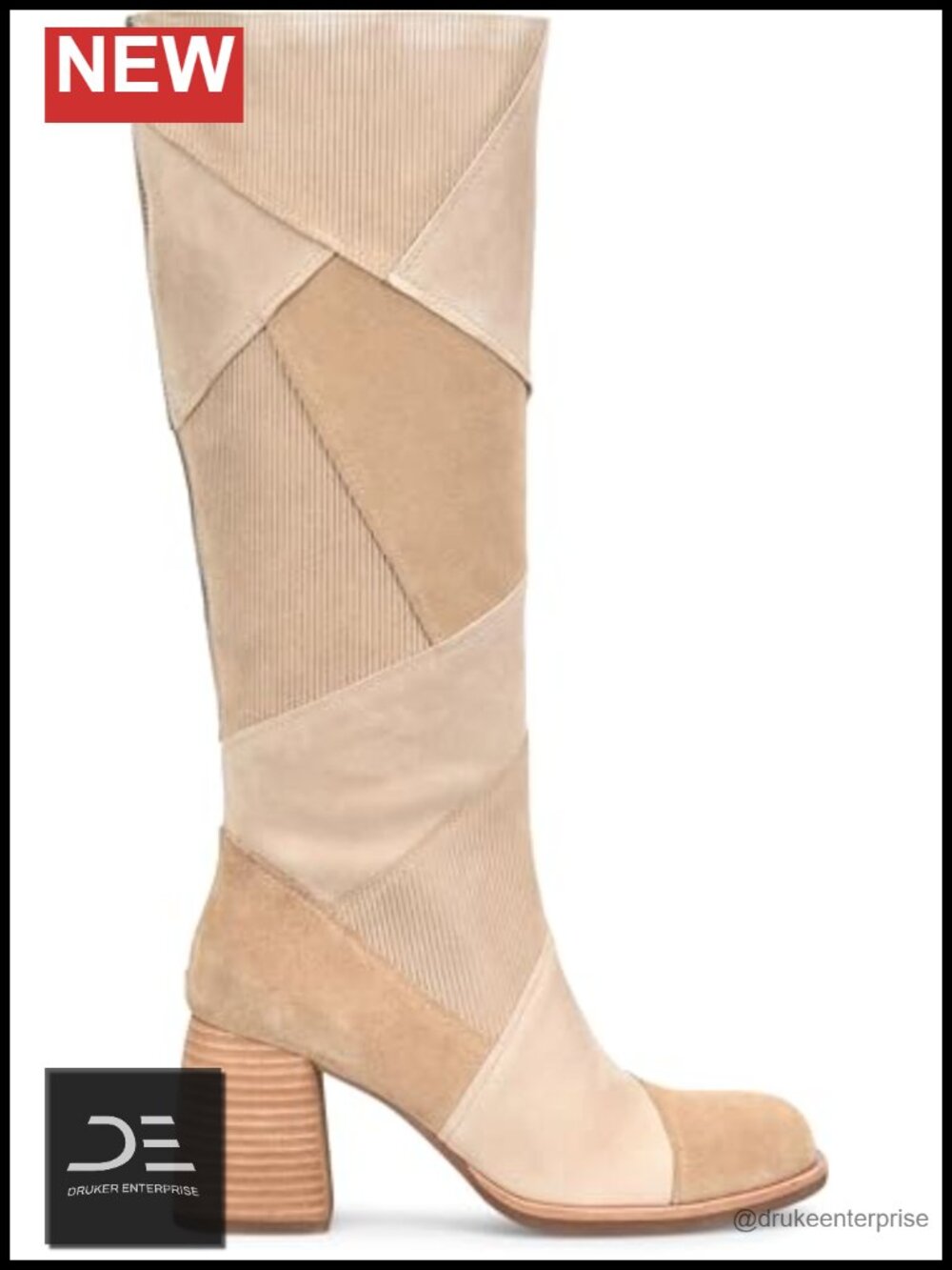 Knee-High Suede Patchwork Boots with Block Heel Zipper